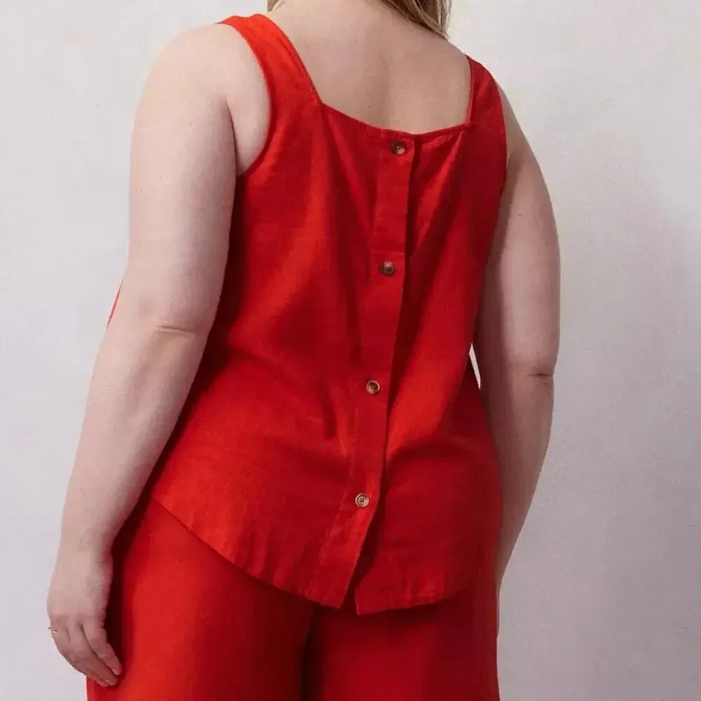 NWT LC Lauren Conrad Linen Blend Tank Top Red Orange Square Neck Button Back 1X
